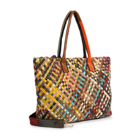 The Genuine Leather Woven Large Tote Handbag features double handles, a detachable multicolored shoulder strap, vibrant crisscross patterns, and gold-toned hardware.