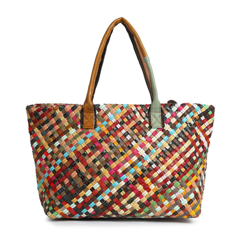 The Genuine Leather Woven Large Tote Handbag features double handles and a colorful diagonal checkered pattern crafted from vibrant strips of red, blue, yellow, green, and brown.