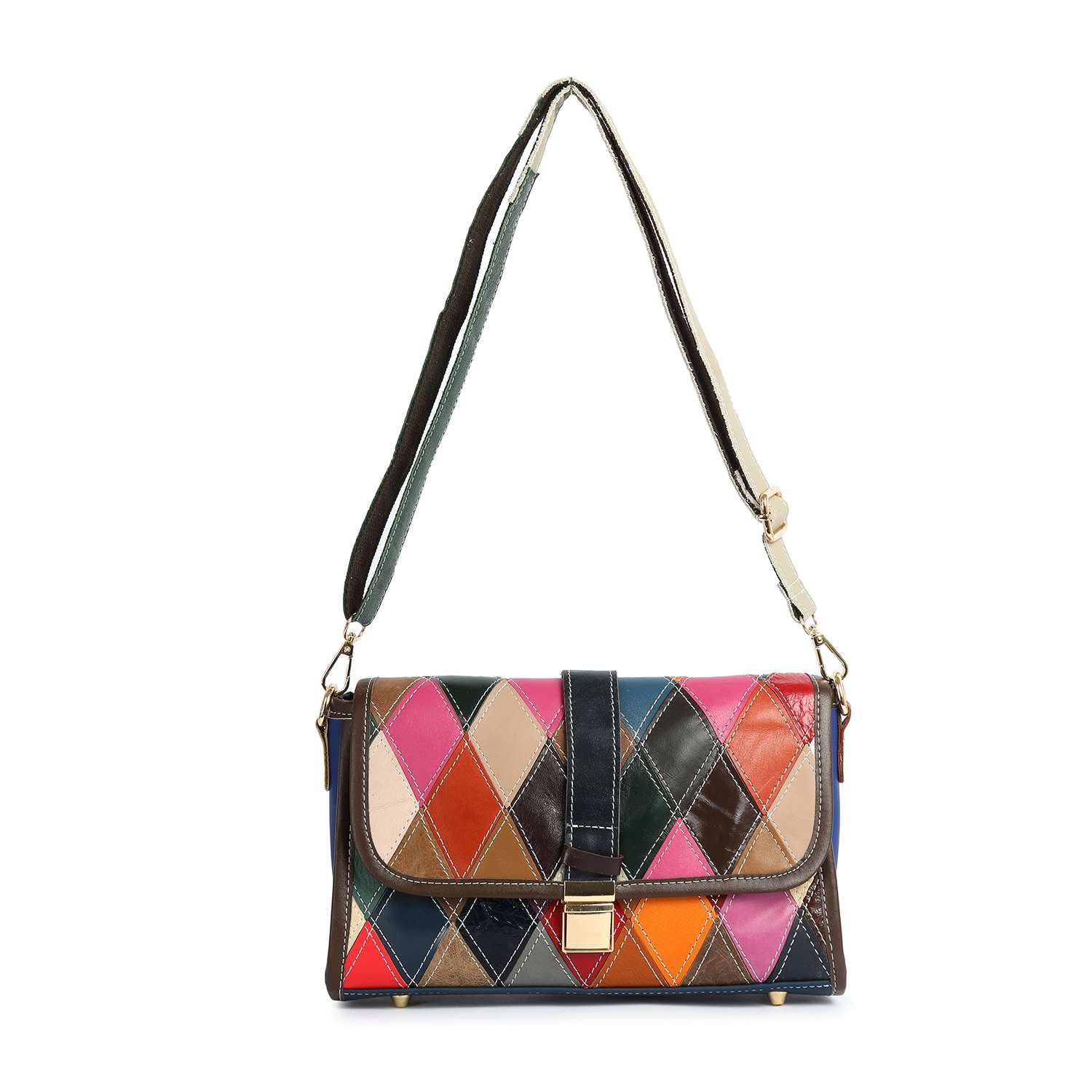 The Genuine Leather Patchwork Shoulder Bag features colorful diamond-shaped leather pieces, a dark adjustable strap with gold hardware, and a front gold clasp.