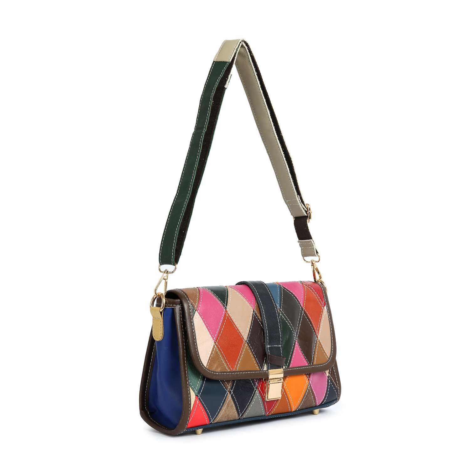 The Genuine Leather Patchwork Shoulder Bag features vibrant diamond-shaped leather pieces, a wide adjustable strap, and a gold clasp on the front flap—perfect for adding flair to any outfit.