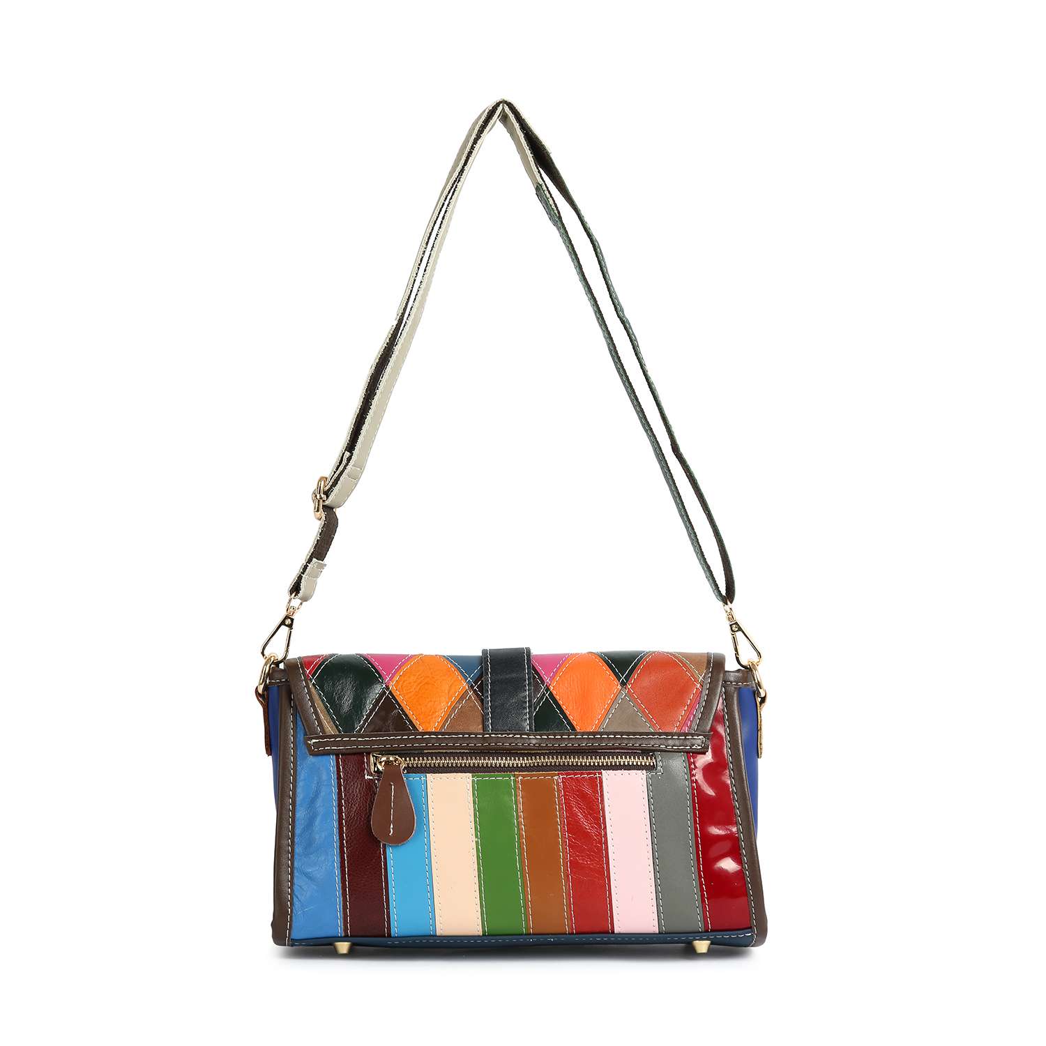 The Genuine Leather Patchwork Shoulder Bag features colorful rectangular and diamond panels, a top handle, adjustable strap, front zipper pocket, and gold hardware—perfect for adding flair to any outfit.