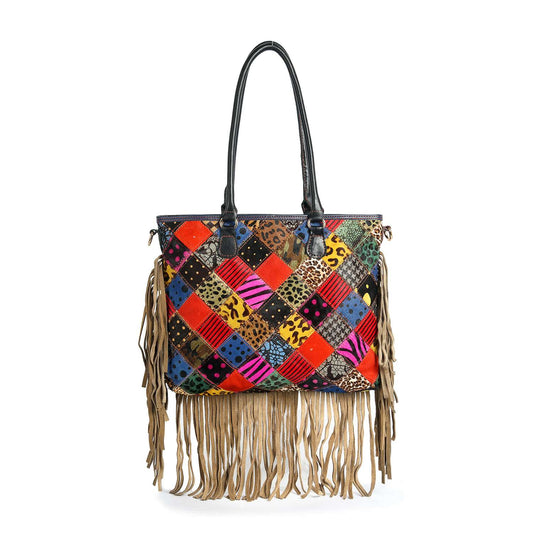 Genuine Leather  Patchwork Fringe Tote