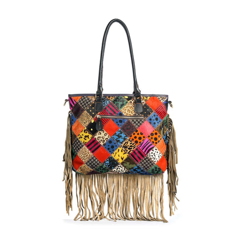 Genuine Leather  Patchwork Fringe Tote