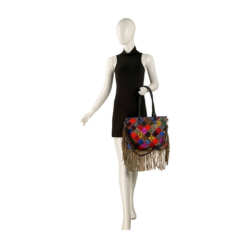 Genuine Leather  Patchwork Fringe Tote