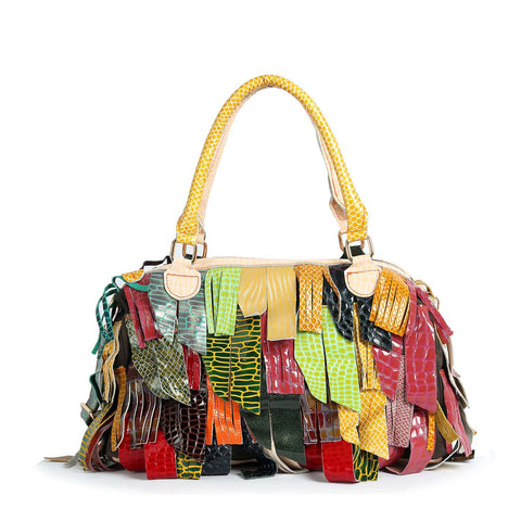 Genuine Leather Patchwork Fringe Satchel