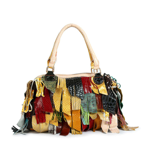 Genuine Leather Patchwork Fringe Satchel