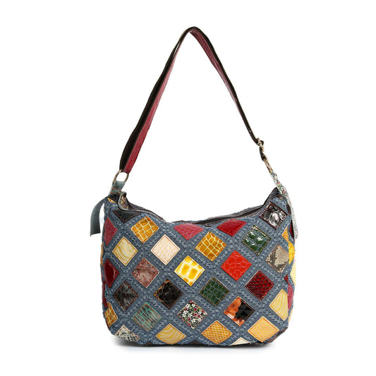 Genuine Leather And Denim Patchwork Hobo
