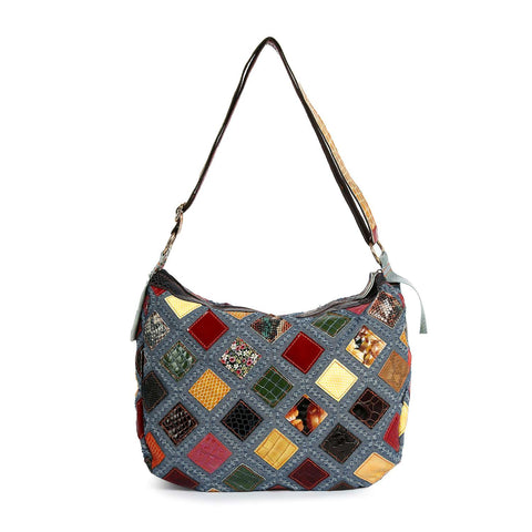 Genuine Leather And Denim Patchwork Hobo