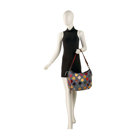 Genuine Leather And Denim Patchwork Hobo