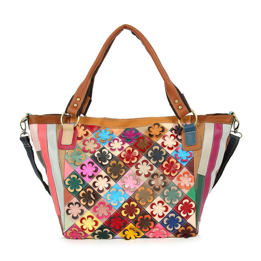 Raised Flower Genuine Leather Tote Bag