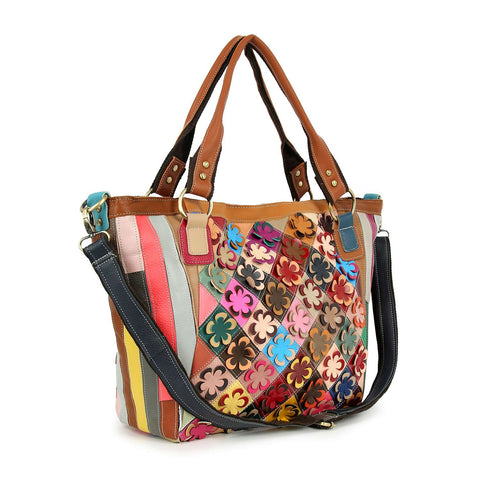 Raised Flower Genuine Leather Tote Bag