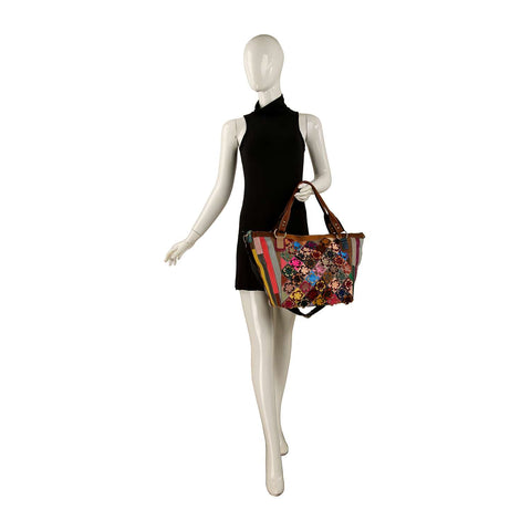 Raised Flower Genuine Leather Tote Bag