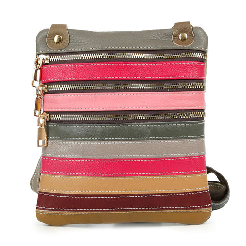 Zipper Striped  Genuine Leather Crossbody Sling