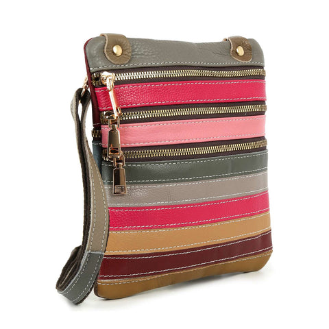Zipper Striped  Genuine Leather Crossbody Sling