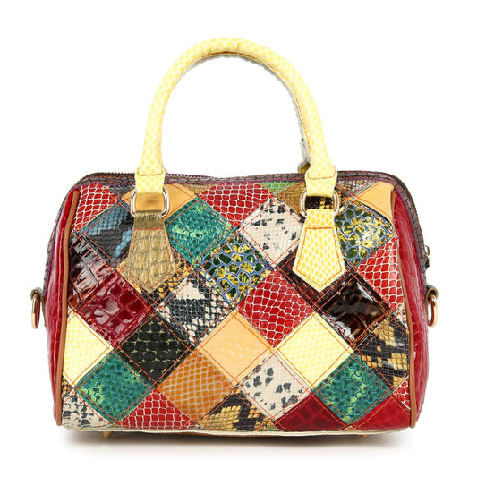 Genuine Leather Patchwork Satchel Handbag