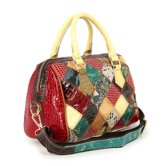 Genuine Leather Patchwork Satchel Handbag
