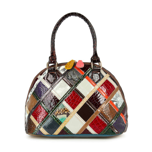 Genuine Leather Patchwork Tall Satchel Handbag