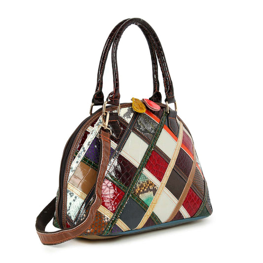 Genuine Leather Patchwork Tall Satchel Handbag