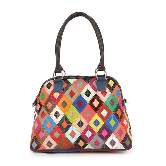 Genuine Leather Patchwork Tall Satchel Handbag
