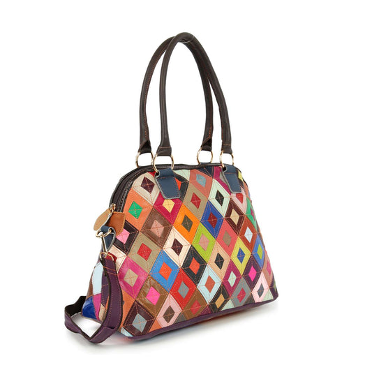Genuine Leather Patchwork Tall Satchel Handbag