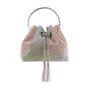 The Rhinestone Covered Petite Evening Bag features an iridescent metallic ombre finish in pink, silver, and green faux leather, and includes a silver chain handle with tassel accents on the drawstrings.