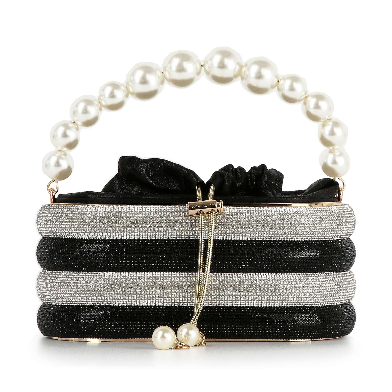 The Pearl Accented Striped Rhinestone Evening Bag features black and silver stripes, a large pearl handle, and a pearl-accented drawstring closure—a chic tote to add sparkle to any night out.