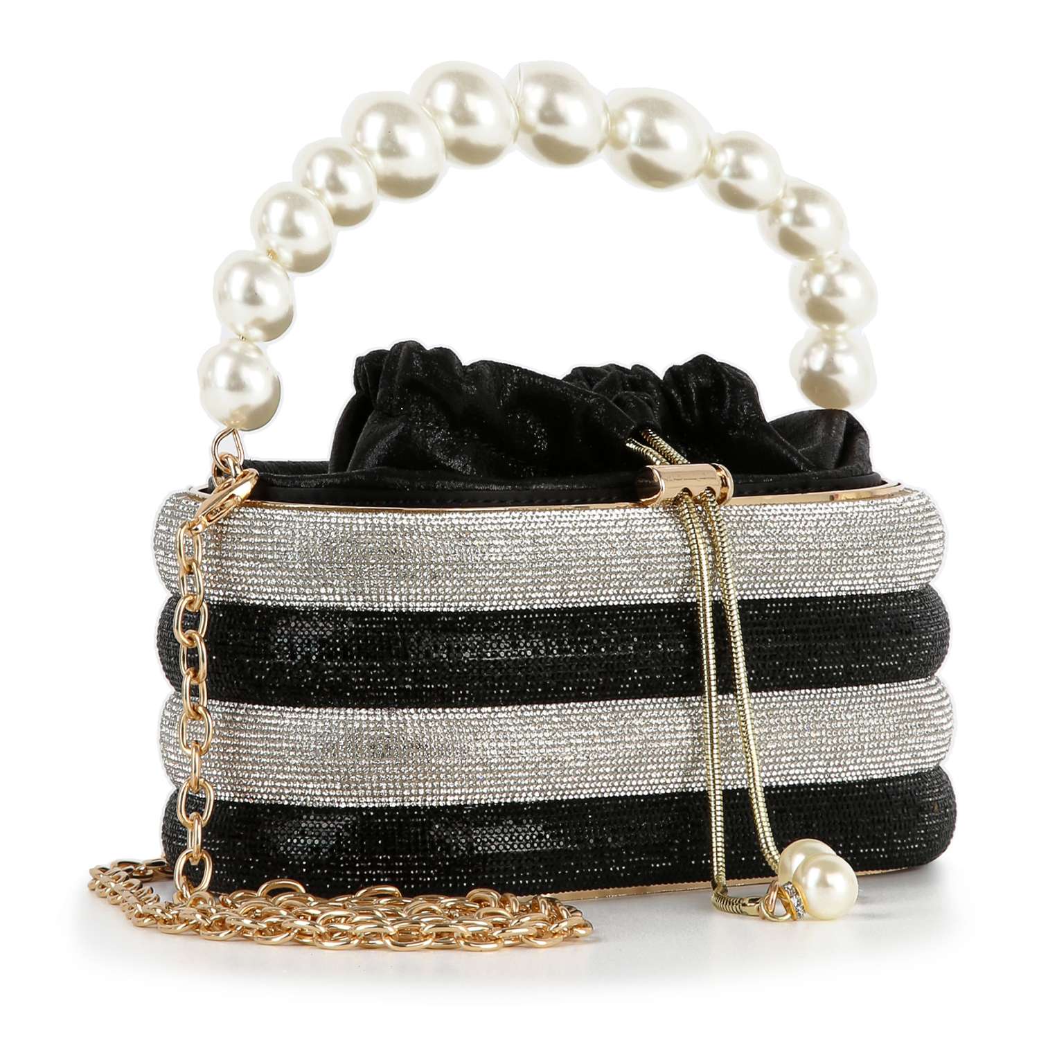 The Pearl Accented Striped Rhinestone Evening Bag features black and silver stripes with sparkling rhinestones, a beaded pearl handle, gold chain strap, and a black drawstring closure.