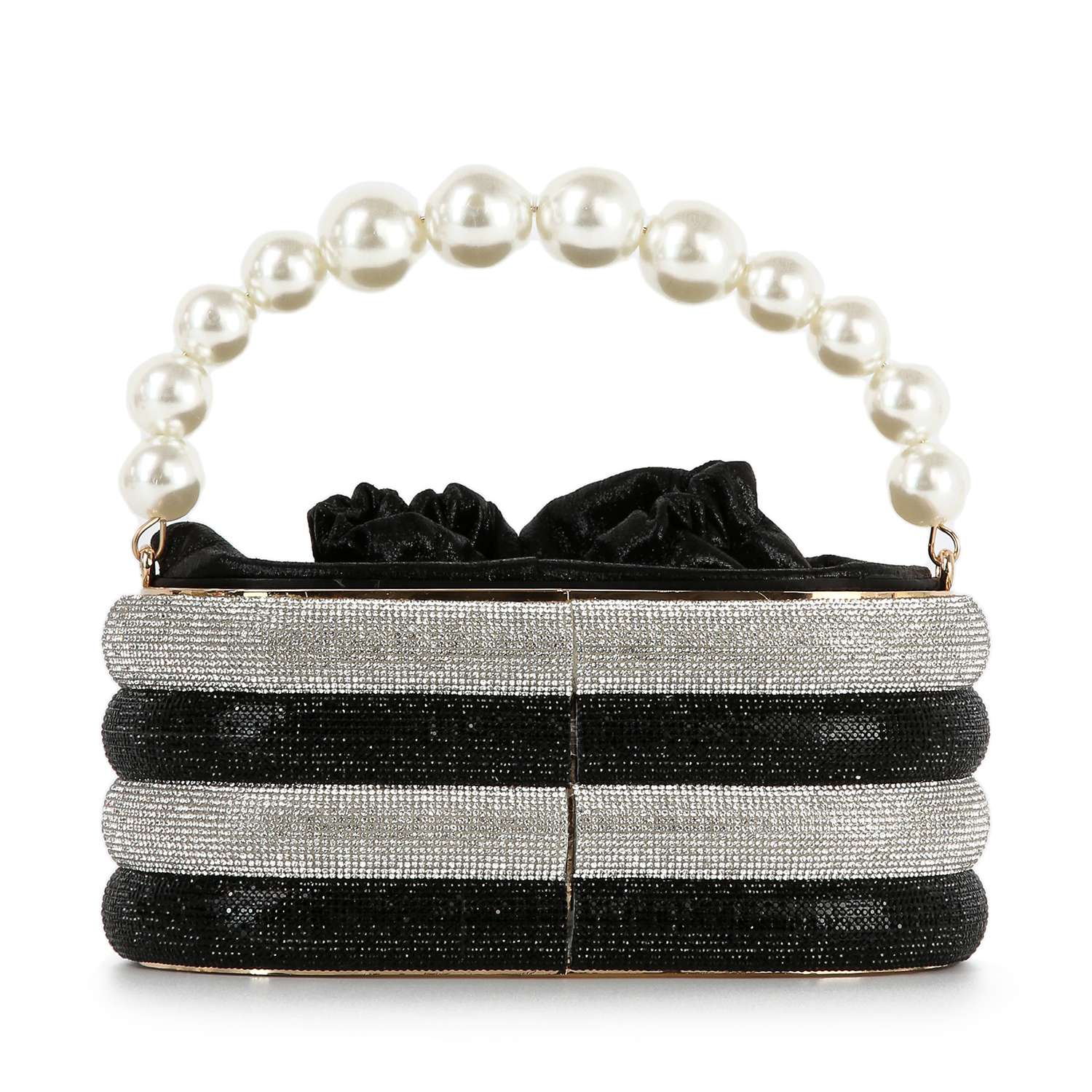 The Pearl Accented Striped Rhinestone Evening Bag is a petite evening tote with black and silver stripes, gathered top, and a chic handle of large round white pearls.