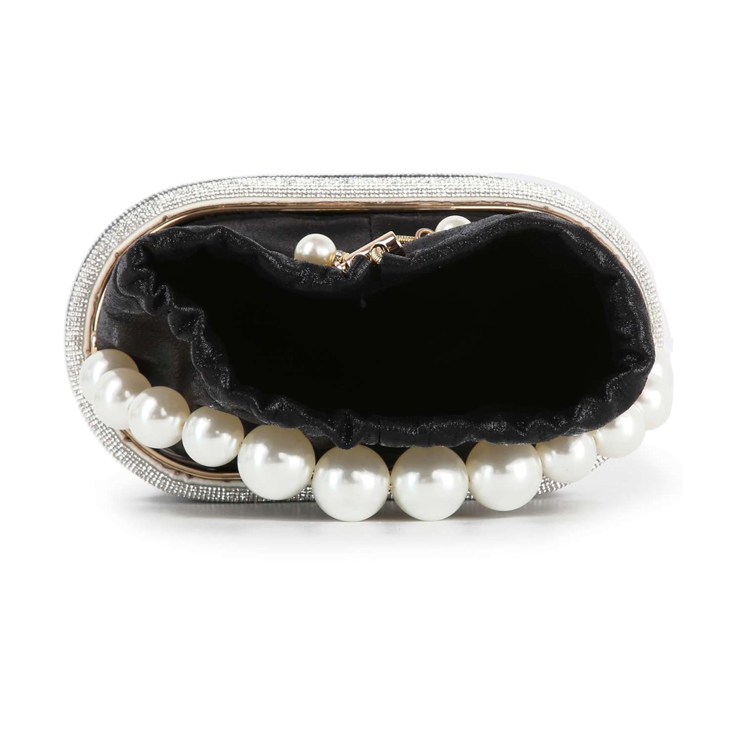 The Pearl Accented Striped Rhinestone Evening Bag is a petite evening tote with a pearl handle and rhinestone trim, shown open from above to reveal its elegant black interior.
