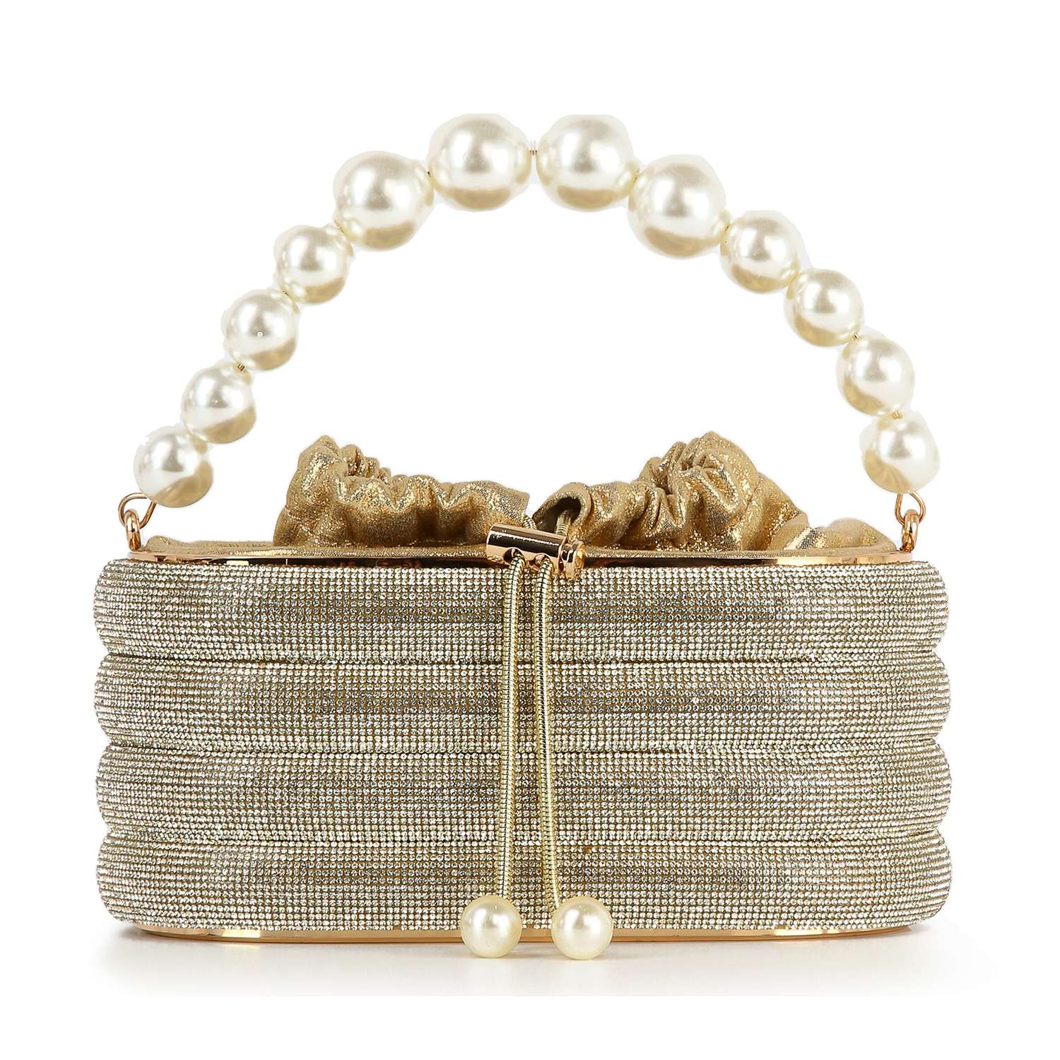 The Pearl Accented Striped Rhinestone Evening Bag features a gold textured design, pearl handle, ruched drawstring closure, and metallic accents—an elegant choice for carrying sparklers to any special event.