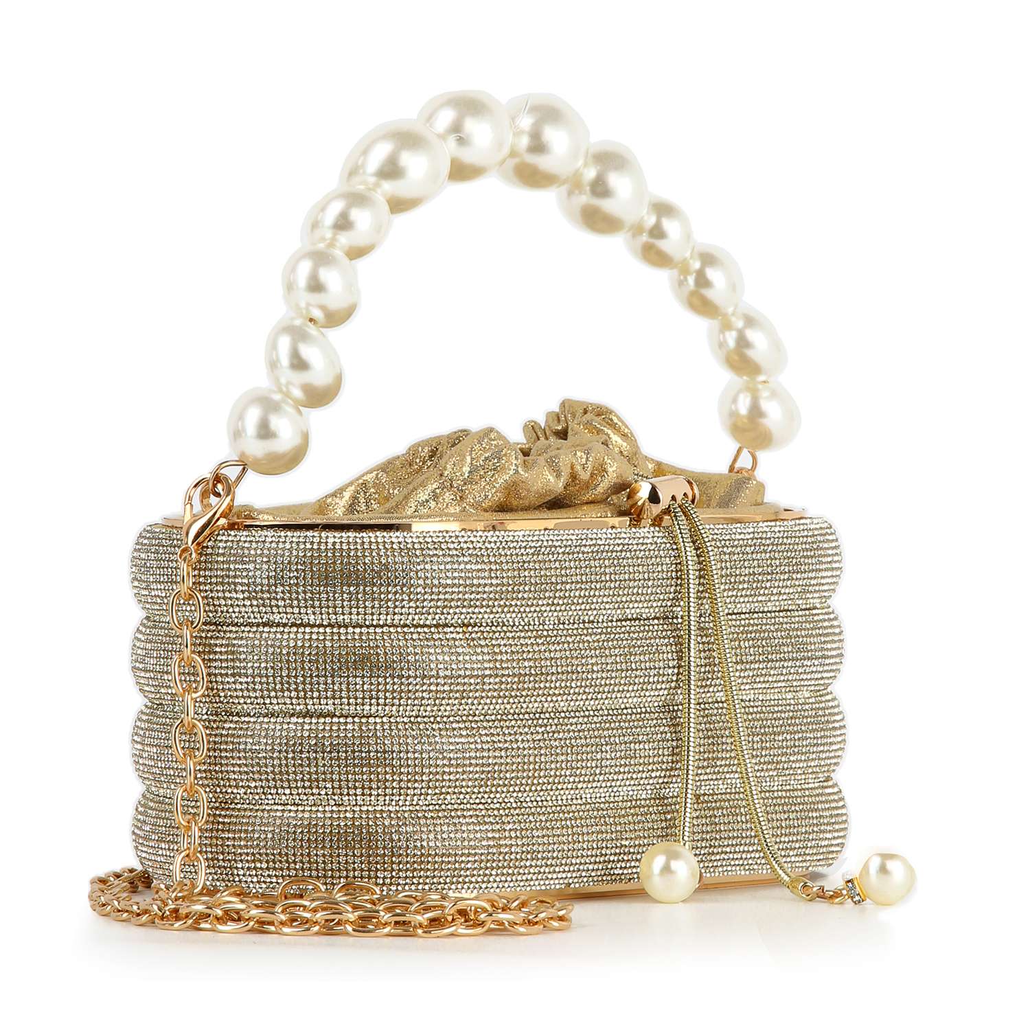 The Pearl Accented Striped Rhinestone Evening Bag is a petite gold clutch with rhinestones, a pearl handle, ribbed design, gold chain strap, decorative clasp, and dangling gold spheres—ideal for evening sparkle.