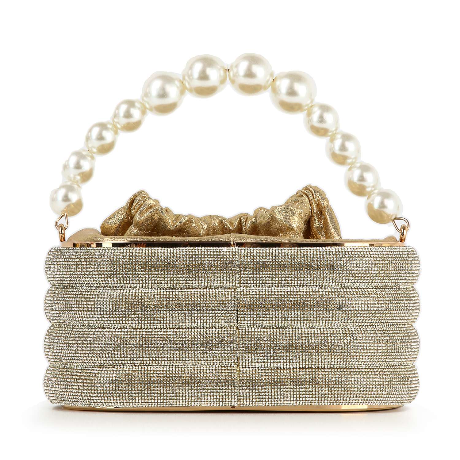 The Pearl Accented Striped Rhinestone Evening Bag features gold tones, a ribbed texture, and a glossy pearl handle. Its gathered opening in shimmery gold fabric is ideal for carrying your sparkling essentials to any event.