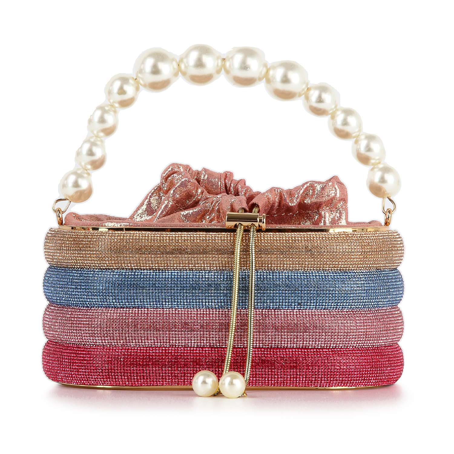 The Pearl Accented Striped Rhinestone Evening Bag is a petite tote with stacked pink, blue, brown, and mauve rhinestone stripes, a shiny pink drawstring top, a pearl handle, and two pearl-tipped gold drawstrings for sparkling appeal.