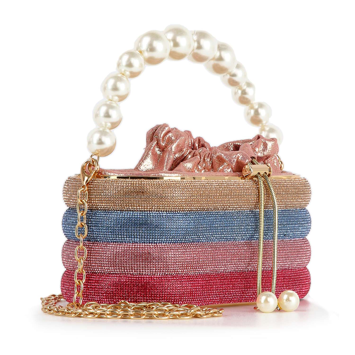 The Pearl Accented Striped Rhinestone Evening Bag features gold, blue, and red horizontal stripes, a pink rhinestone drawstring top, pearl beaded handle, and gold chain strap—ideal for sparkling nights out.