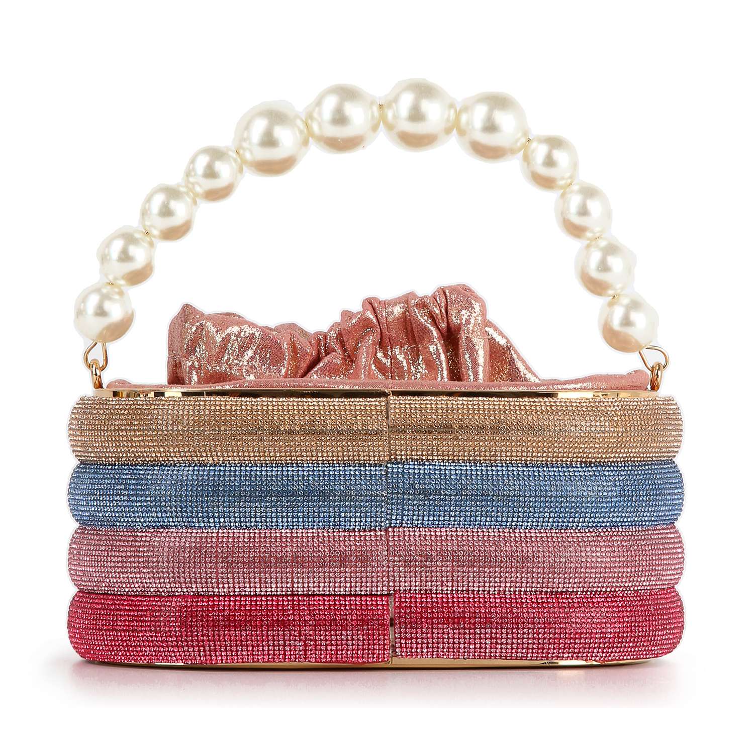The Pearl Accented Striped Rhinestone Evening Bag is a petite clutch with gold, blue, and pink rhinestone stripes, a pearl handle, and includes a shiny pink fabric pouch inside.