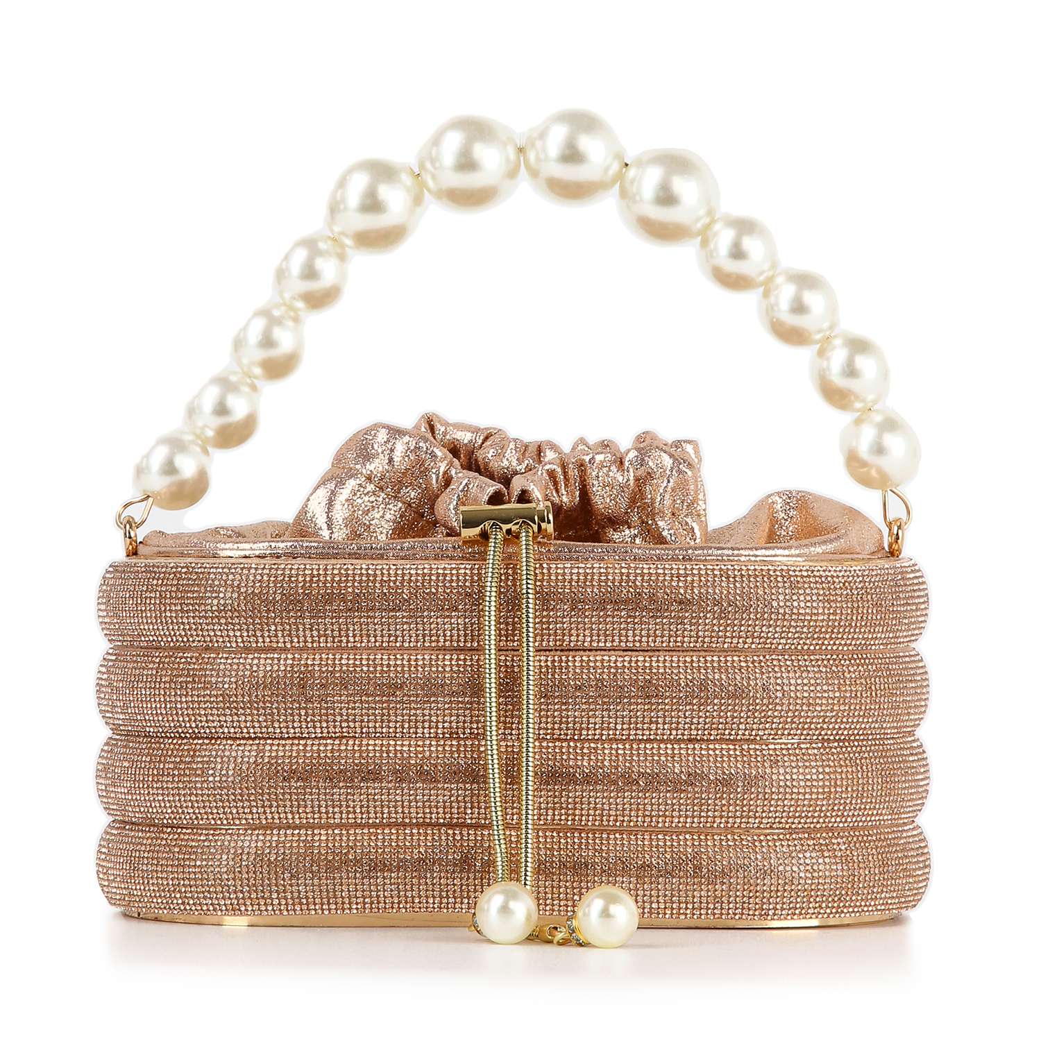 The Pearl Accented Striped Rhinestone Evening Bag features a glittery gold design with a ruched top, pearl handle, and gold drawstring with pearl tips—perfect for adding glamour to any night out.