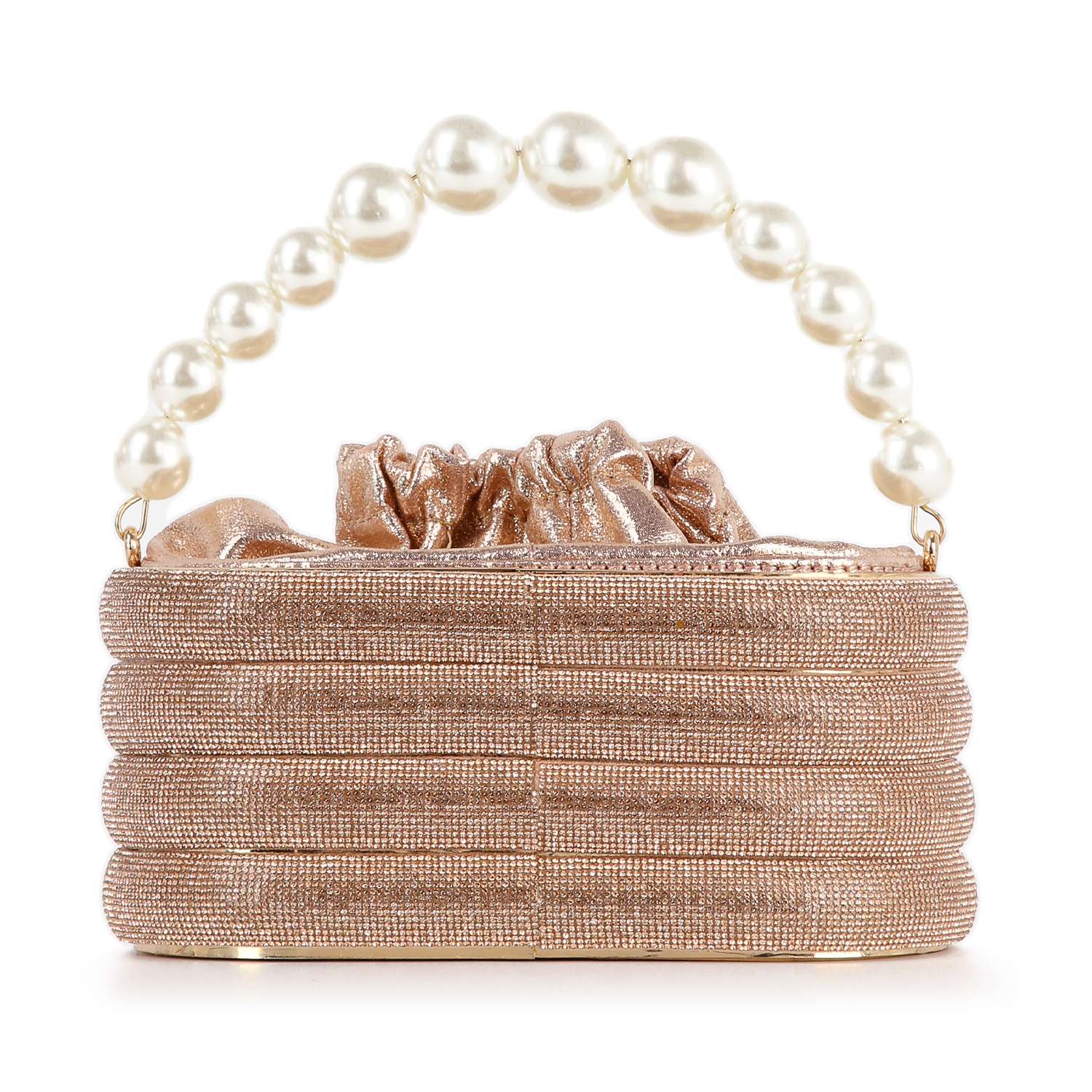 The Pearl Accented Striped Rhinestone Evening Bag is a petite metallic gold evening tote featuring a ruched top, white pearl handle, textured ribbed design, and sparkling rhinestones—an elegant choice for any night out.