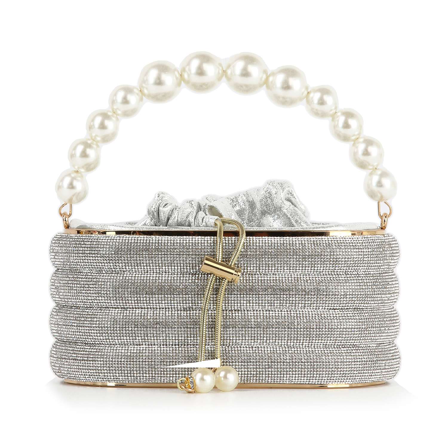The Pearl Accented Striped Rhinestone Evening Bag is a shimmering silver evening tote with a pearl handle, gold clasp featuring two pearls, and a metallic silver drawstring closure.
