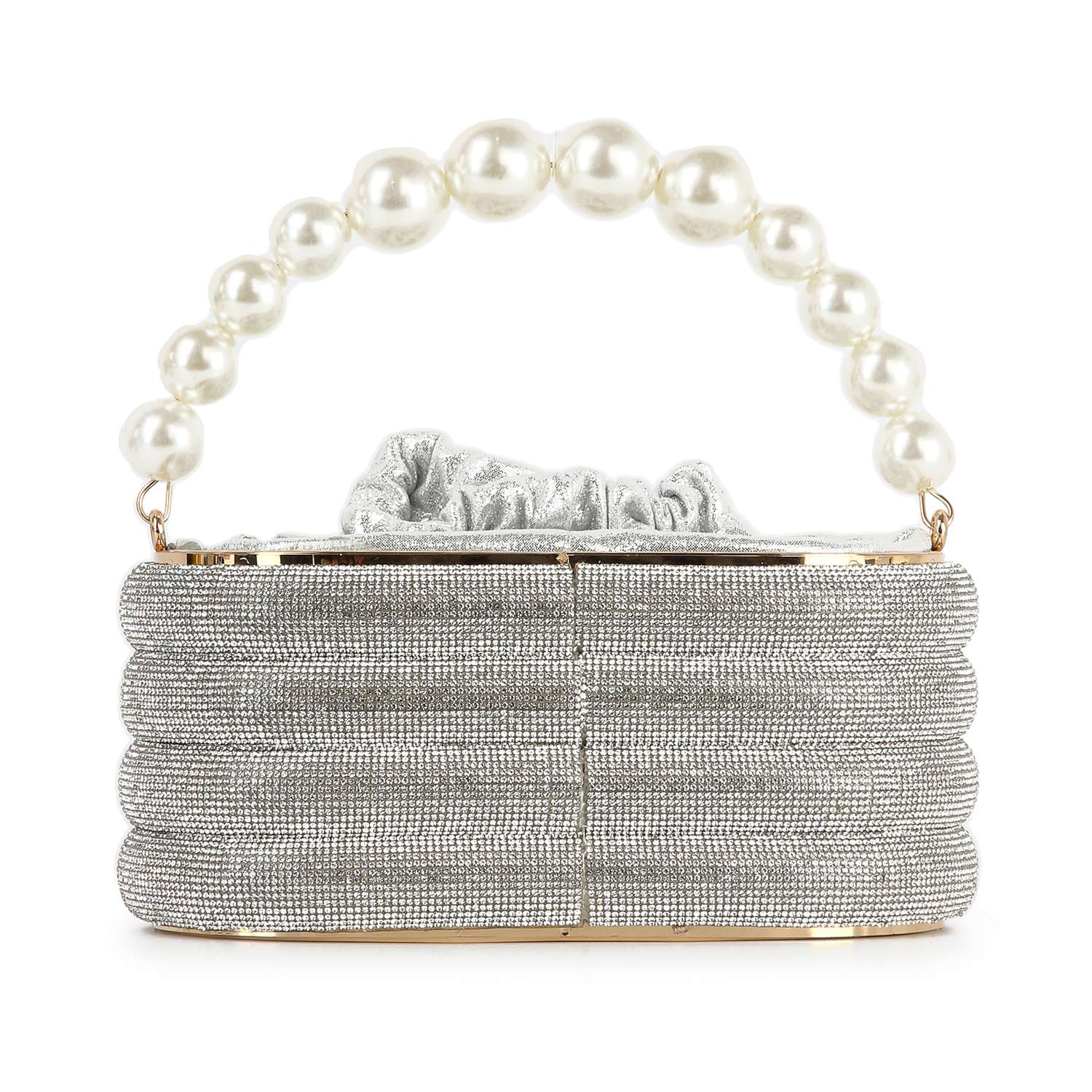 The Pearl Accented Striped Rhinestone Evening Bag is a petite silver clutch with a ridged texture, glossy faux pearl handle, gathered fabric top detail, and gold-accented edges.