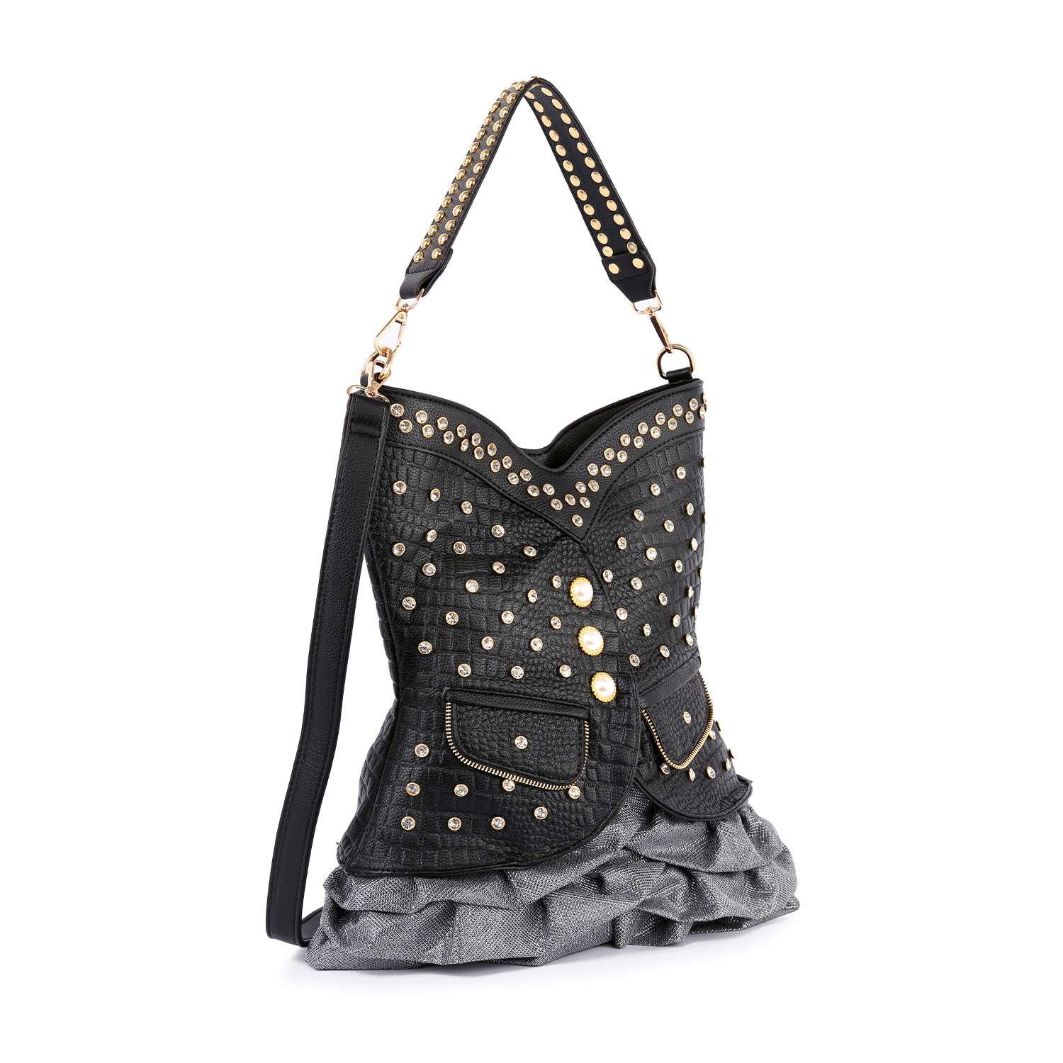 The Dazzling Vest Design Tall Hobo Handbag is a black rhinestone purse with gold studs, buttons, a decorative pocket, ruffled gray base, and studded strap. Tablet compatible and fashion-forward with unique textured details.