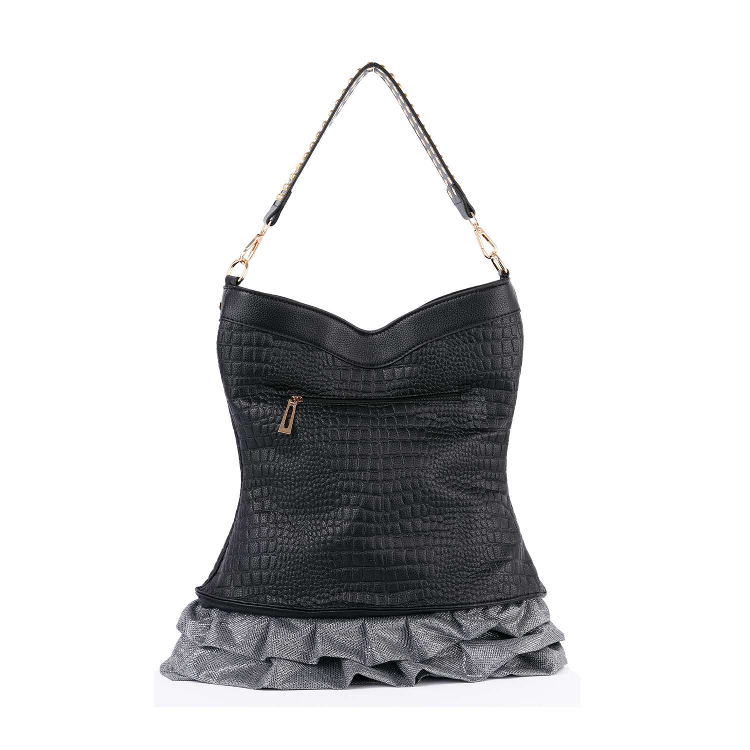 The Dazzling Vest Design Tall Hobo Handbag is a stylish black metallic bag with a crocodile-like texture, gold hardware, front zipper pocket, single strap, and a gray ruffled fabric accent at the bottom for extra flair.
