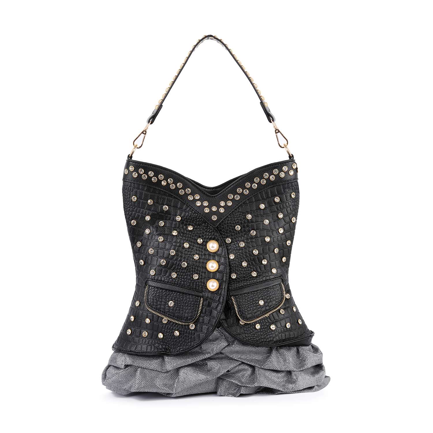 The Dazzling Vest Design Tall Hobo Handbag features a metallic look, black studded jacket style with gold buttons, front pockets, a ruffled gray bottom, and a handle secured by gold clasps.