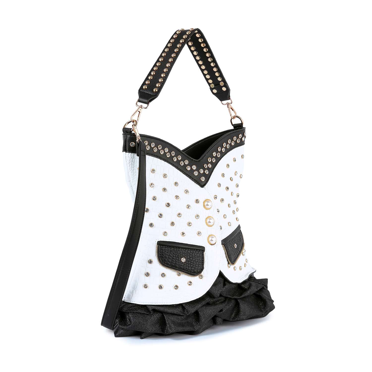 The Dazzling Vest Design Tall Hobo Handbag is a stylish corset-shaped bag with black and white panels, gold and silver studs, two small black pockets, a black ruffled bottom, and a studded handle.