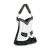 The Dazzling Vest Design Tall Hobo Handbag is a stylish corset-shaped bag with black and white panels, gold and silver studs, two small black pockets, a black ruffled bottom, and a studded handle.