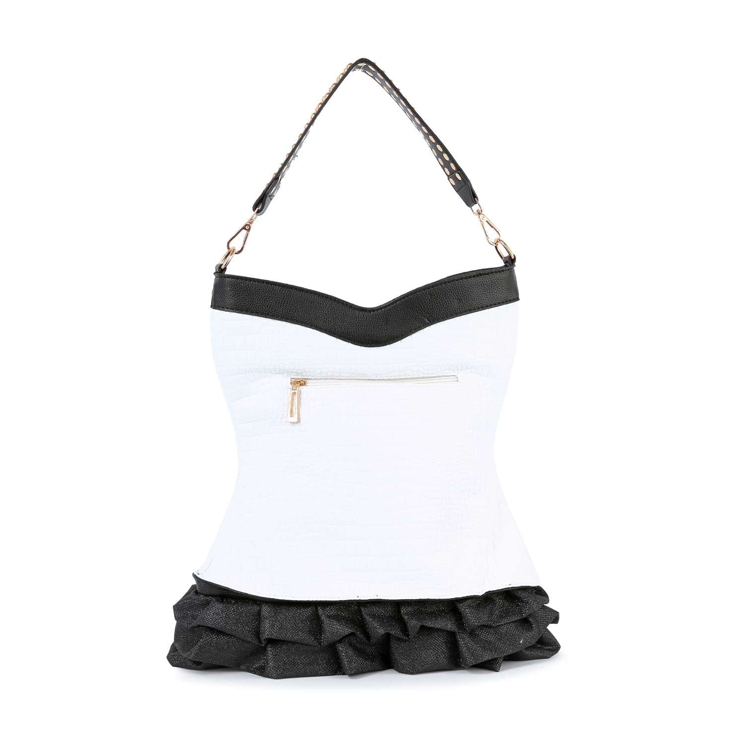The Dazzling Vest Design Tall Hobo Handbag features rhinestones styled like a white dress with a black ruffled hem, black top trim, a gold front zipper, and a black shoulder strap.