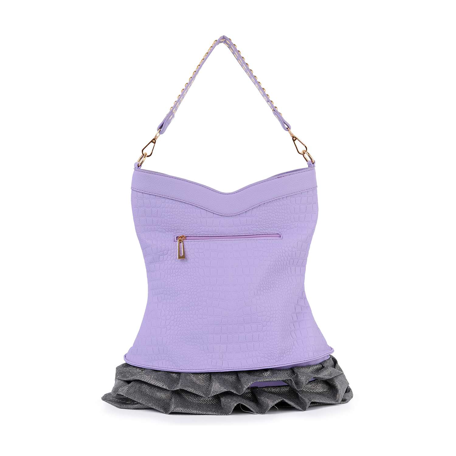 The Dazzling Vest Design Tall Hobo Handbag features a textured lavender finish, gold front zipper pocket, chain and leather strap, and metallic ruffle trim at the base, making this tablet-compatible purse stylish and functional.
