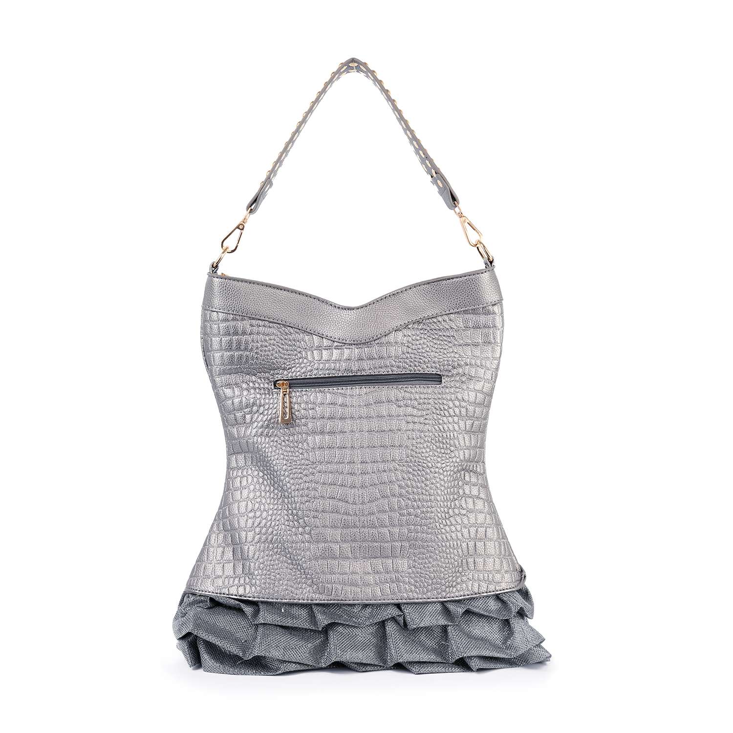 The Dazzling Vest Design Tall Hobo Handbag features a silver crocodile metallic finish, single top handle, front zipper pocket, and bottom ruffles—ideal as a stylish, tablet-compatible purse.