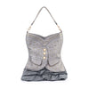 The Dazzling Vest Design Tall Hobo Handbag is a stylish gray bag with gold studs, buttons, front pockets, a braided handle, ruffled bottom detail, and tablet compatibility for everyday use.