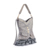 The Dazzling Vest Design Tall Hobo Handbag features a corset-inspired metallic look with gold studs, buttons, a pocket, ruffled trim at the bottom, and a matching studded strap.