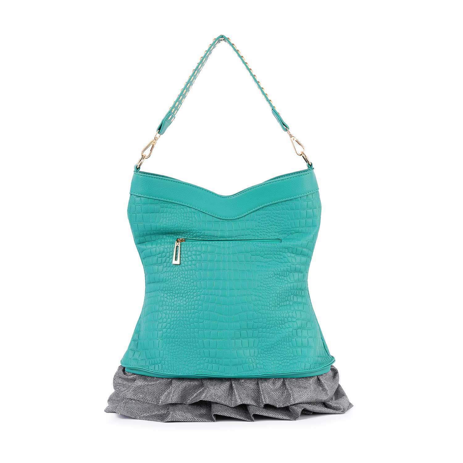 The Dazzling Vest Design Tall Hobo Handbag features a teal crocodile pattern, single strap, front zipper pocket, and gray ruffled fabric base, shown against a white background.